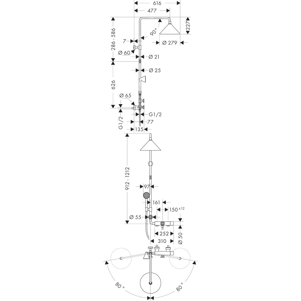 Душевая система Axor Showerpipe Front SHP, с термостатом и верхним душем, 240, 2 jet, 26020820, шлифованный никель