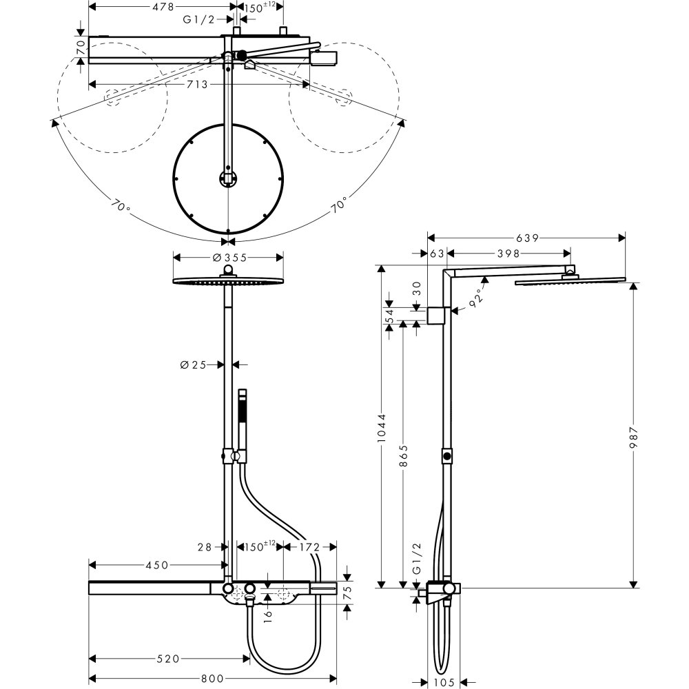 Душевая система Axor Showerpipe, с термостатом 800 и верхним душем, 350, 1 jet, 27984990, полированное золото
