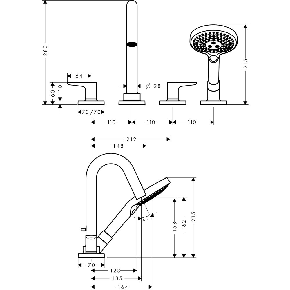 Смеситель на край ванны Axor Citterio M, на 4 отверстия, с рычаговыми рукоятками, с отдельными розетками, 34444140, шлифованная бронза