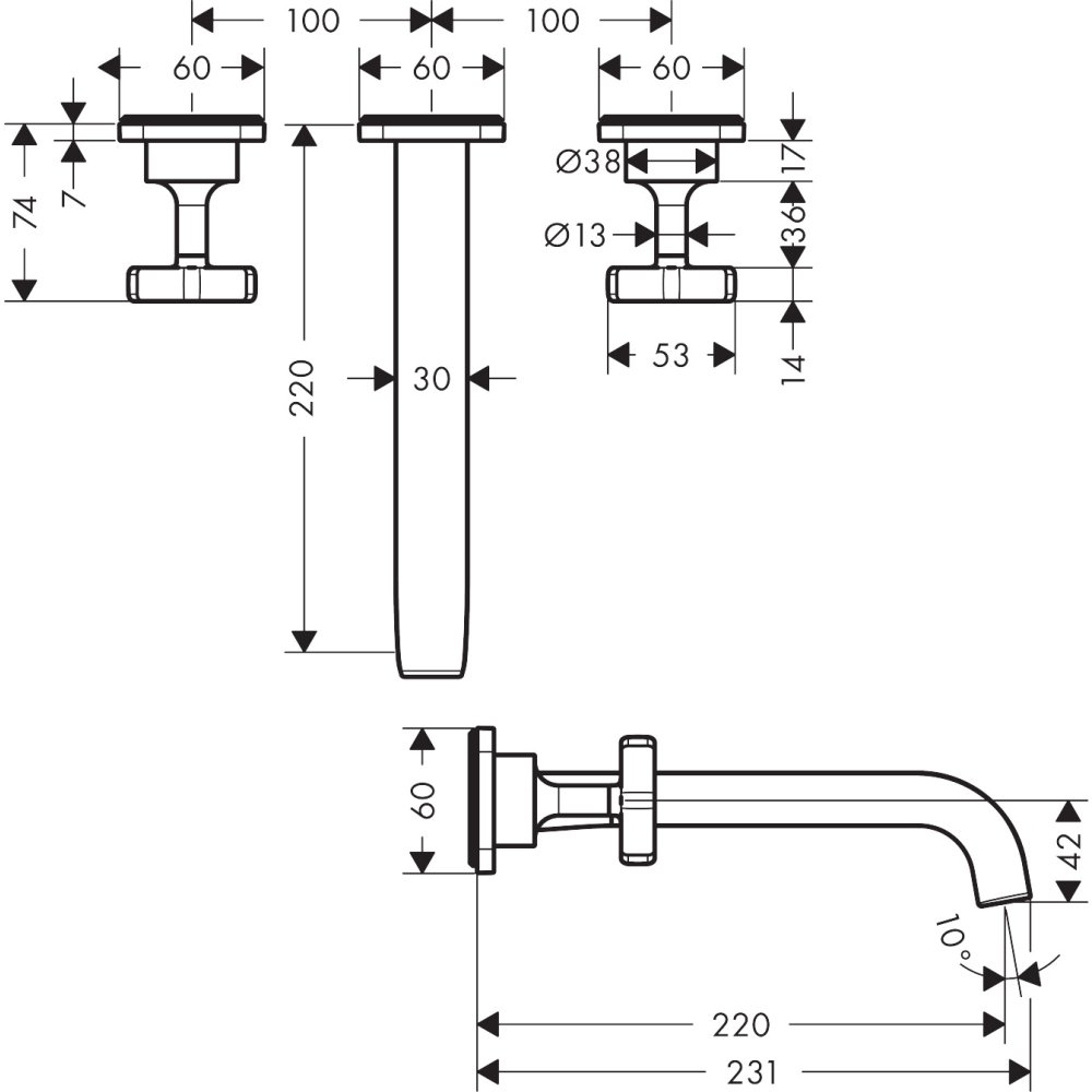 Смеситель для раковины Axor Citterio E, скрытого монтажа, с изливом 220 мм, на 3 отверстия, с отдельными розетками, 36107250, шлифованное золото