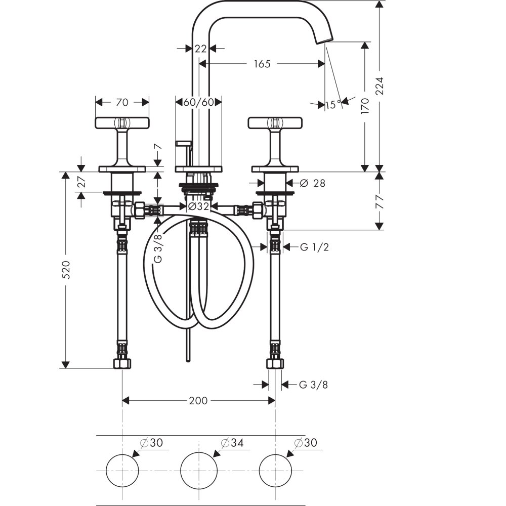 Смеситель для раковины Axor Citterio E, 170, на 3 отверстия, с отдельными розетками, со сливным гарнитуром, 36108930, полированная медь