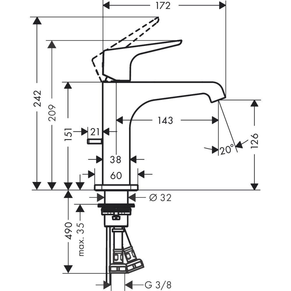 Смеситель для раковины Axor Citterio E, однорычажный, 130, с рычаговой рукояткой, со сливным гарнитуром, 36110670, матовый черный