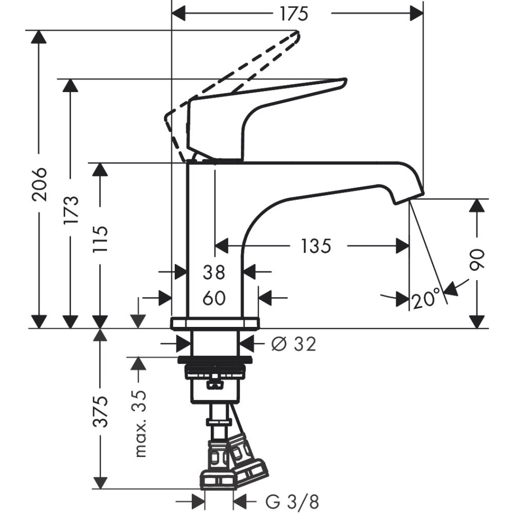 Смеситель для гостевой раковины Axor Citterio E, 90, однорычажный, с рычаговой рукояткой, с незапираемым сливным набором, 36112300, полированное красное золото 