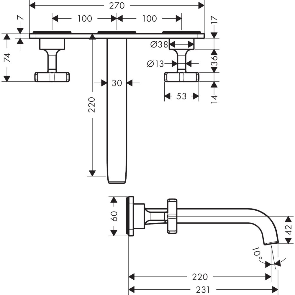 Смеситель для раковины Axor Citterio E, на 3 отверстия, скрытого монтажа, с изливом 220 мм, с панелью, 36115340, шлифованный черный хром 