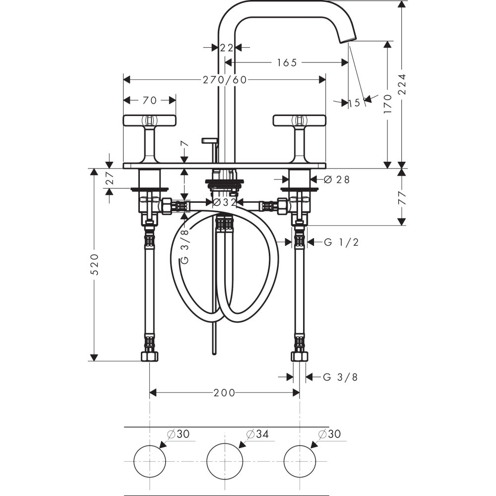 Смеситель для раковины Axor Citterio E, 170, на 3 отверстия, с панелью, со сливным гарнитуром, 36116820, шлифованный никель