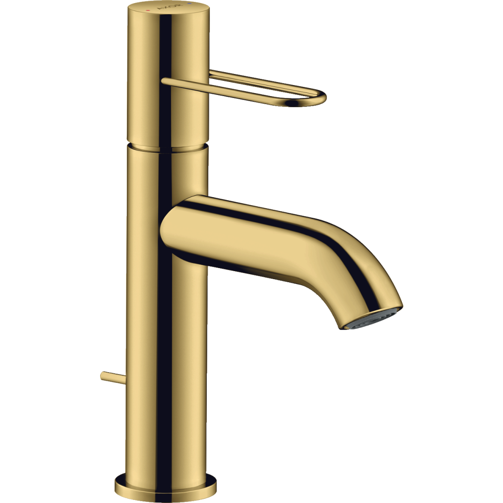 Смеситель для раковины Axor Uno, 100, однорычажный, с рукояткой-петлей, со сливным гарнитуром, 38023990, полированное золото