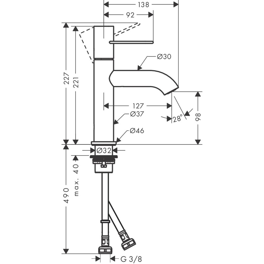 Смеситель для раковины Axor Uno, 100, однорычажный, с рукояткой-петлей, с незапираемым сливным набором, 38026800, сталь