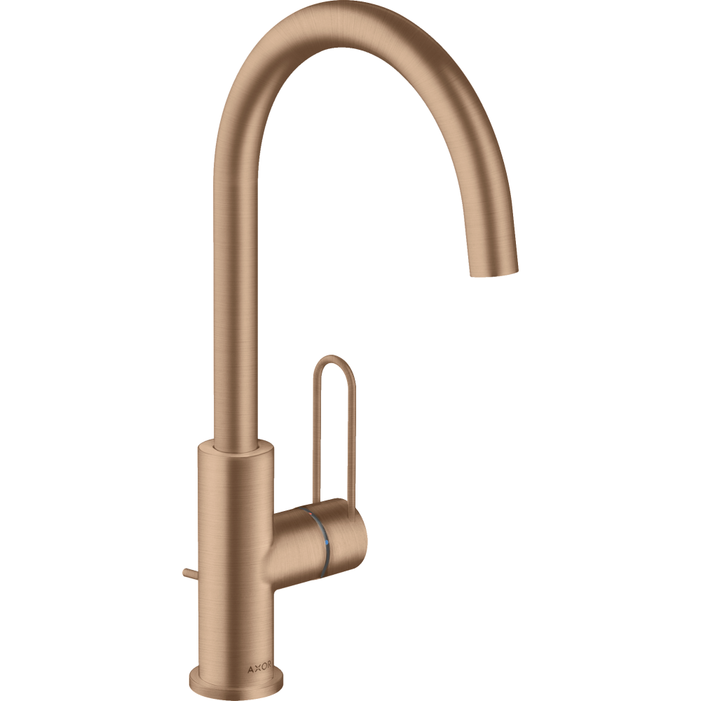 Смеситель для раковины Axor Uno, 240, однорычажный, с рукояткой-петлей, со сливным гарнитуром, 38036310, шлифованное красное золото