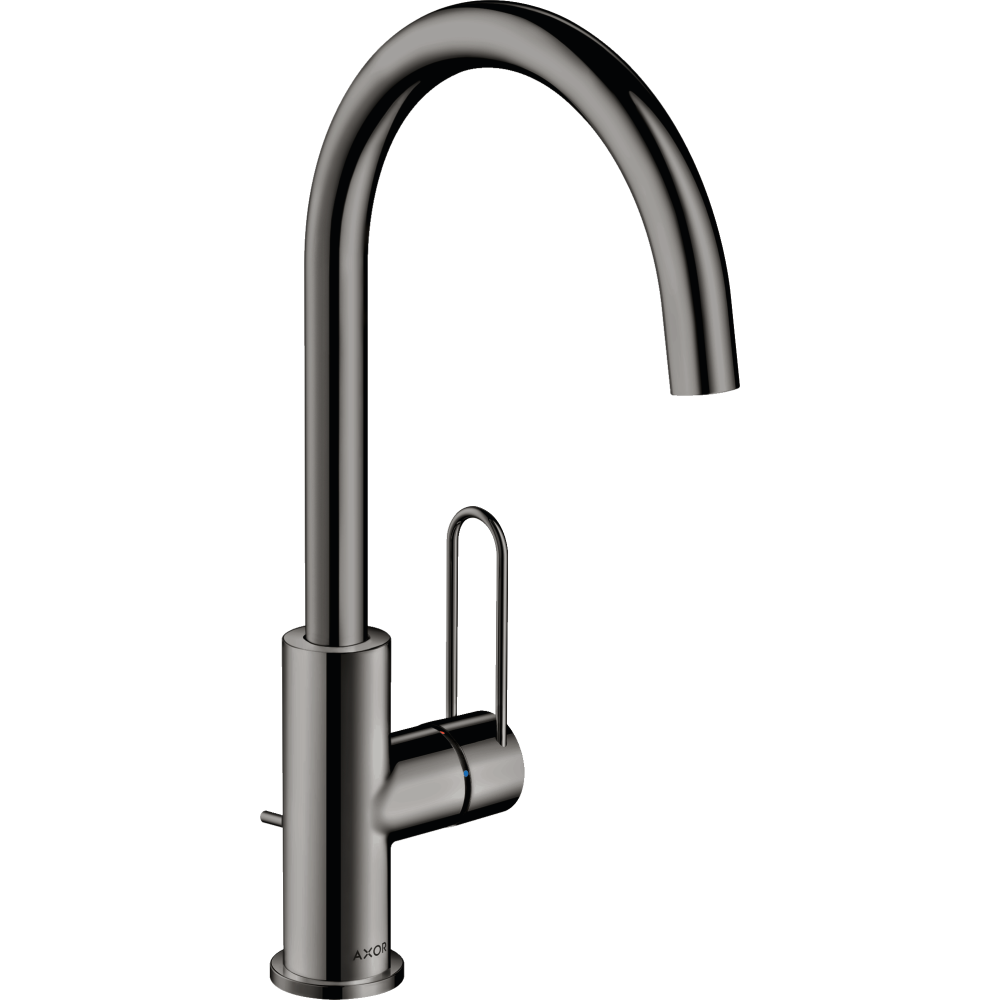 Смеситель для раковины Axor Uno, 240, однорычажный, с рукояткой-петлей, со сливным гарнитуром, 38036330, полированный черный хром 