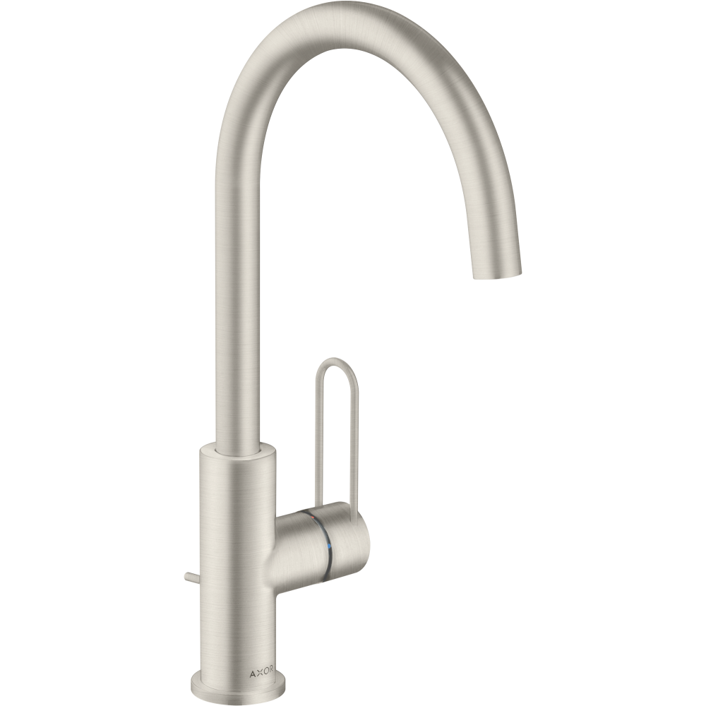 Смеситель для раковины Axor Uno, 240, однорычажный, с рукояткой-петлей, со сливным гарнитуром, 38036800, сталь