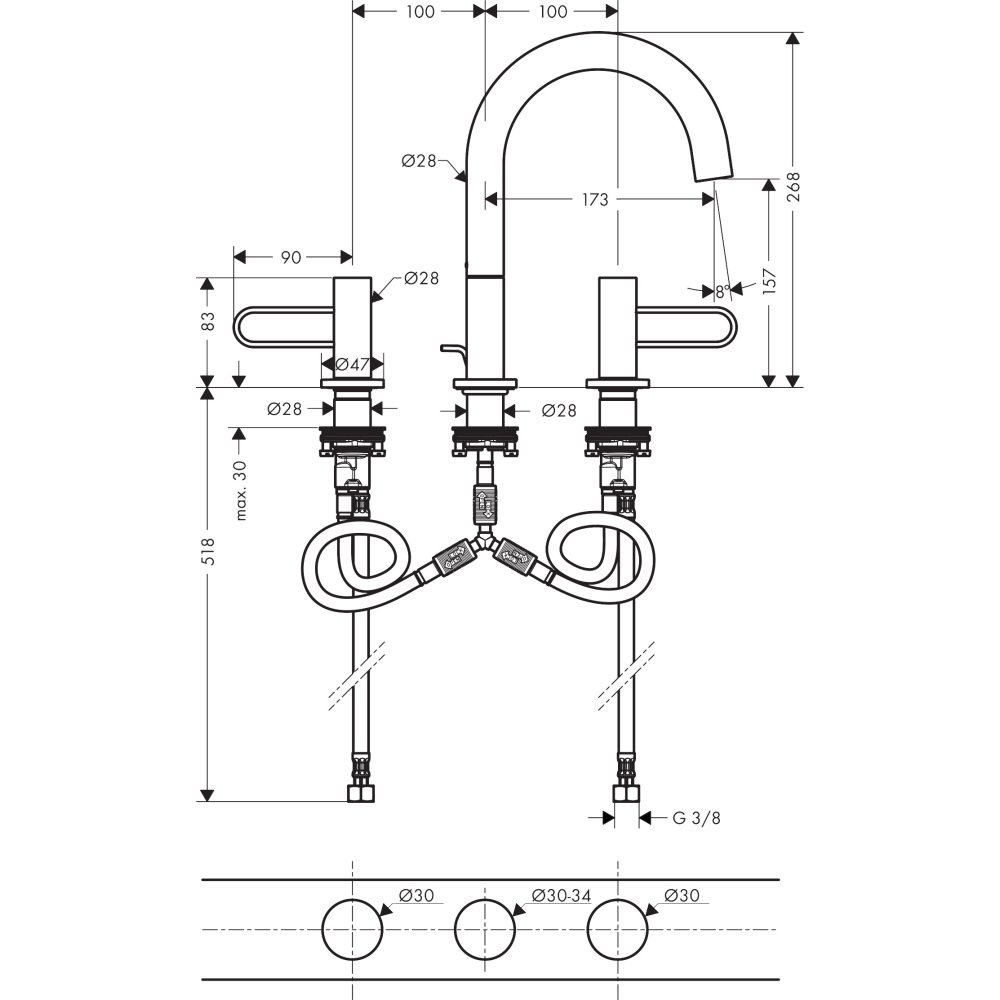 Смеситель для раковины Axor Uno, 160, на 3 отверстия, с рукоятками-петлями, со сливным гарнитуром, 38054310, шлифованное красное золото