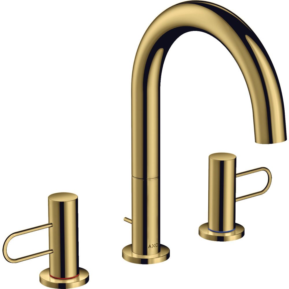 Смеситель для раковины Axor Uno, 160, на 3 отверстия, с рукоятками-петлями, со сливным гарнитуром, 38054990, полированное золото