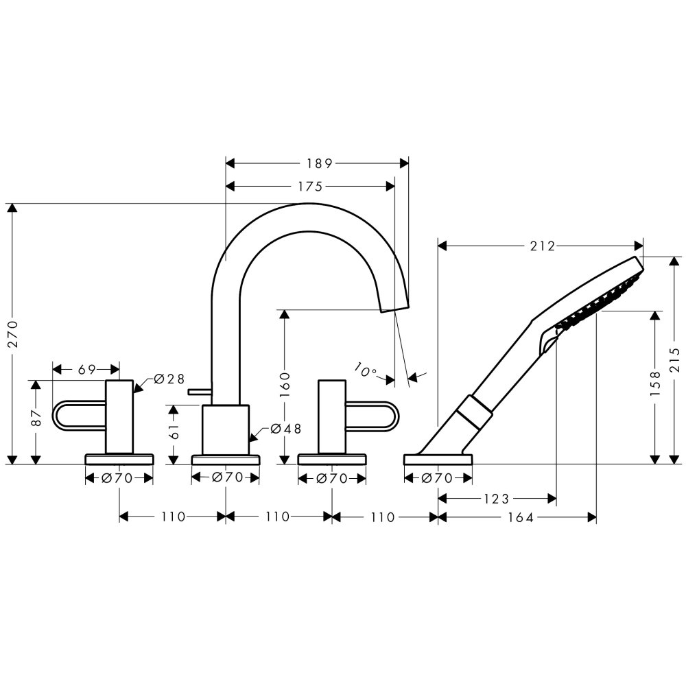Смеситель на край ванны Axor Uno, на 4 отверстия, с рукоятками-петлями,38445310, шлифованное красное золото