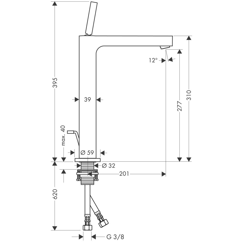 Смеситель для раковины Axor Citterio, однорычажный, 280, с тонкой рукояткой, для накладной раковины, 39020310, шлифованное красное золото