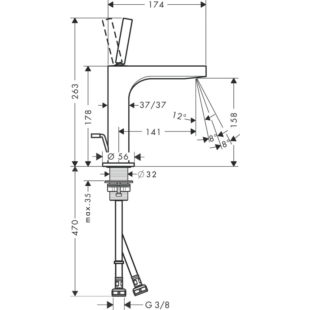 Смеситель для раковины Axor Citterio, однорычажный, 160, с тонкой рукояткой, со сливным гарнитуром, 39031800, сталь
