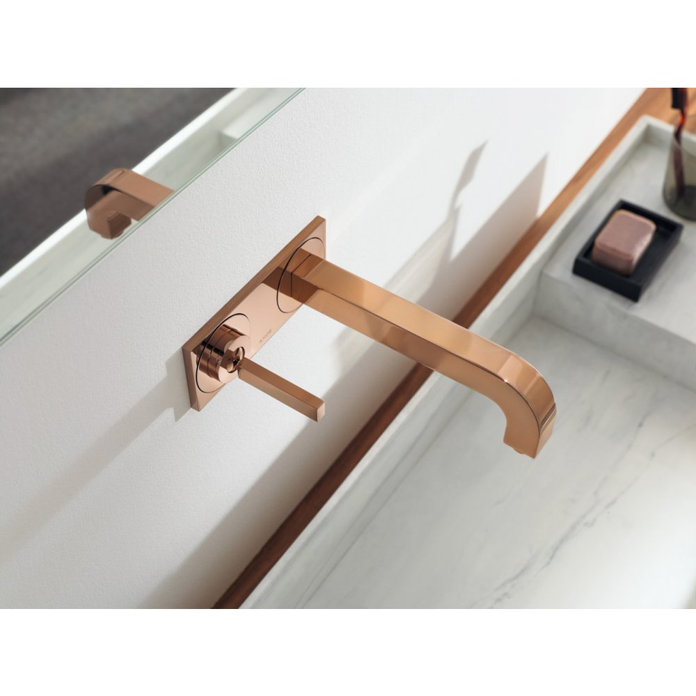 Смеситель для раковины Axor Citterio, однорычажный, настенный, с тонкой рукояткой, излив 220 мм, с панелью, 39115300, полированное красное золото 