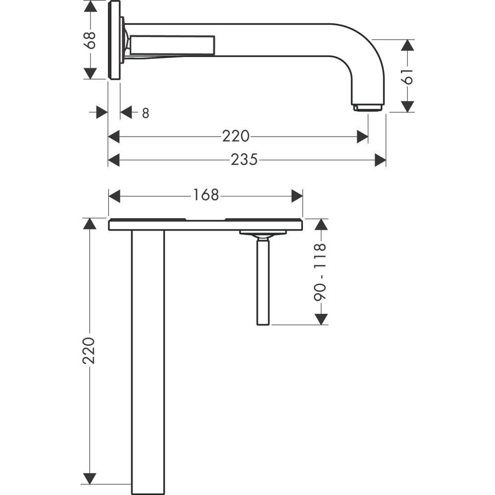 Смеситель для раковины Axor Citterio, однорычажный, настенный, с тонкой рукояткой, излив 220 мм, с панелью, 39115820, шлифованный никель