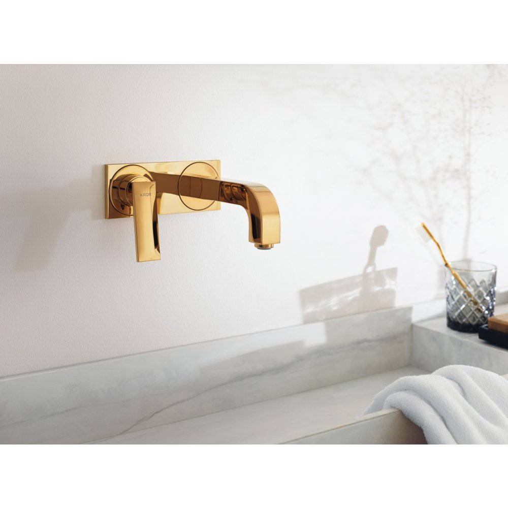 Смеситель для раковины Axor Citterio, однорычажный, настенный, с рычаговой рукояткой, излив 220 мм, с панелью, 39119300, полированное красное золото 