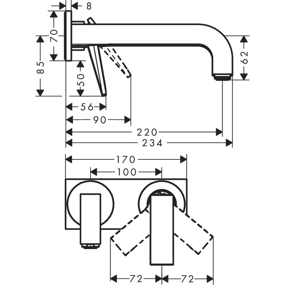 Смеситель для раковины Axor Citterio, однорычажный, настенный, с рычаговой рукояткой, излив 220 мм, с панелью, 39119800, сталь