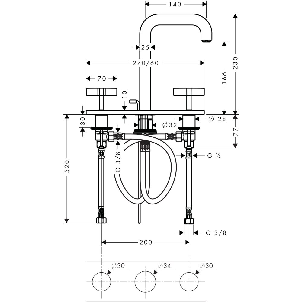 Смеситель для раковины Axor Citterio, 170, на 3 отверстия, с крестообразными рукоятками, с панелью, 39134140, шлифованная бронза