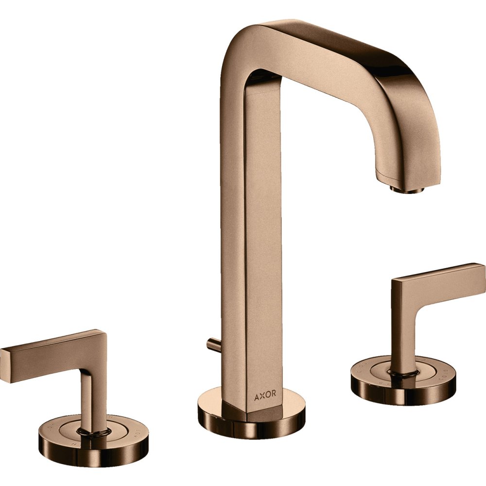 Смеситель для раковины Axor Citterio, 170, на 3 отверстия, с рычаговыми рукоятками, с отдельными розетками, со сливным гарнитуром, 39135300, полированное красное золото 