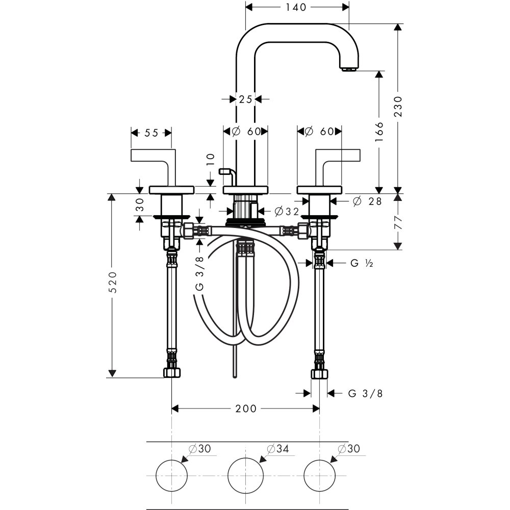 Смеситель для раковины Axor Citterio, 170, на 3 отверстия, с рычаговыми рукоятками, с отдельными розетками, со сливным гарнитуром, 39135300, полированное красное золото 