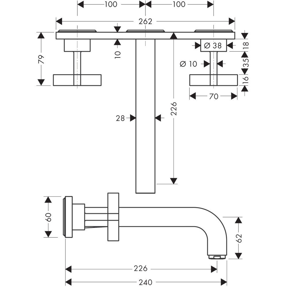 Смеситель для раковины Axor Citterio, настенный, на 3 отверстия, излив 226 мм, с крестообразными рукоятками, с панелью, 39144990, полированное золото