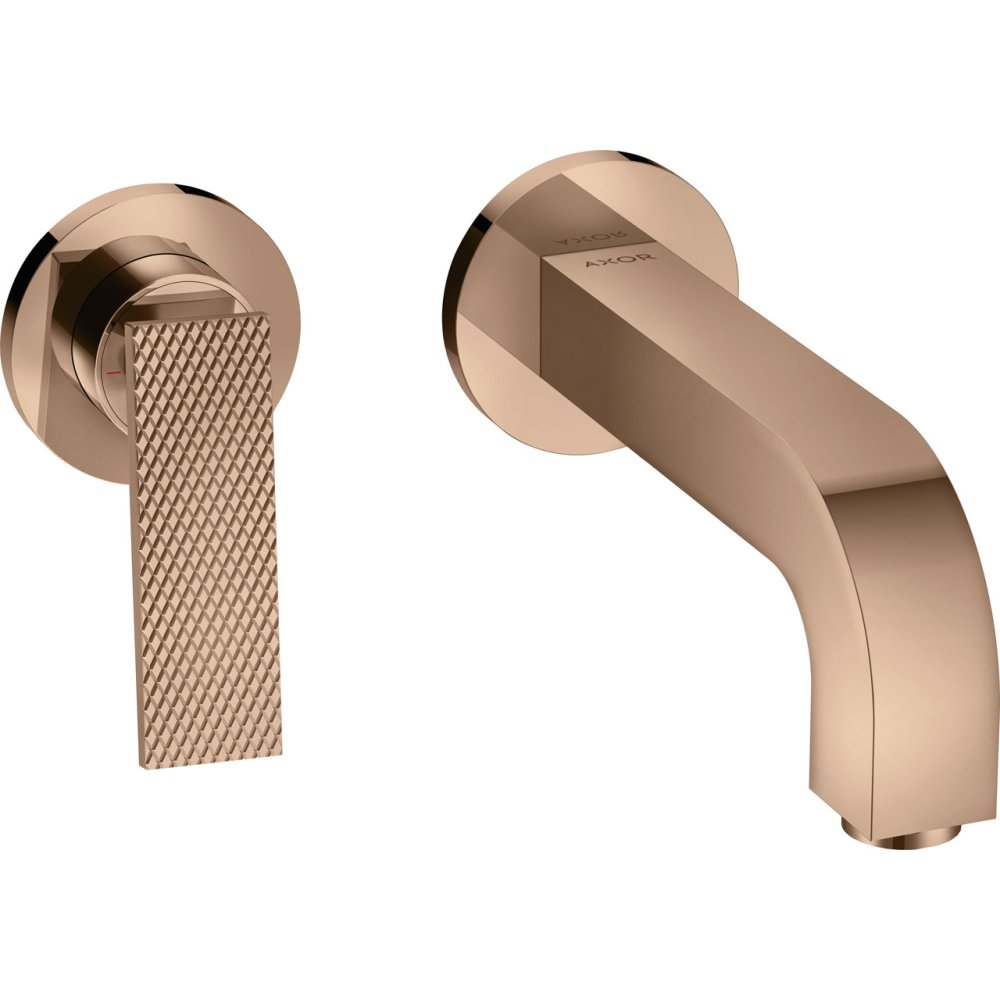 Смеситель для раковины Axor Citterio, однорычажный, настенный, излив 220 мм, с розетками, рукоятка с текстурой "Ромбический срез", 39181300, полированное красное золото 