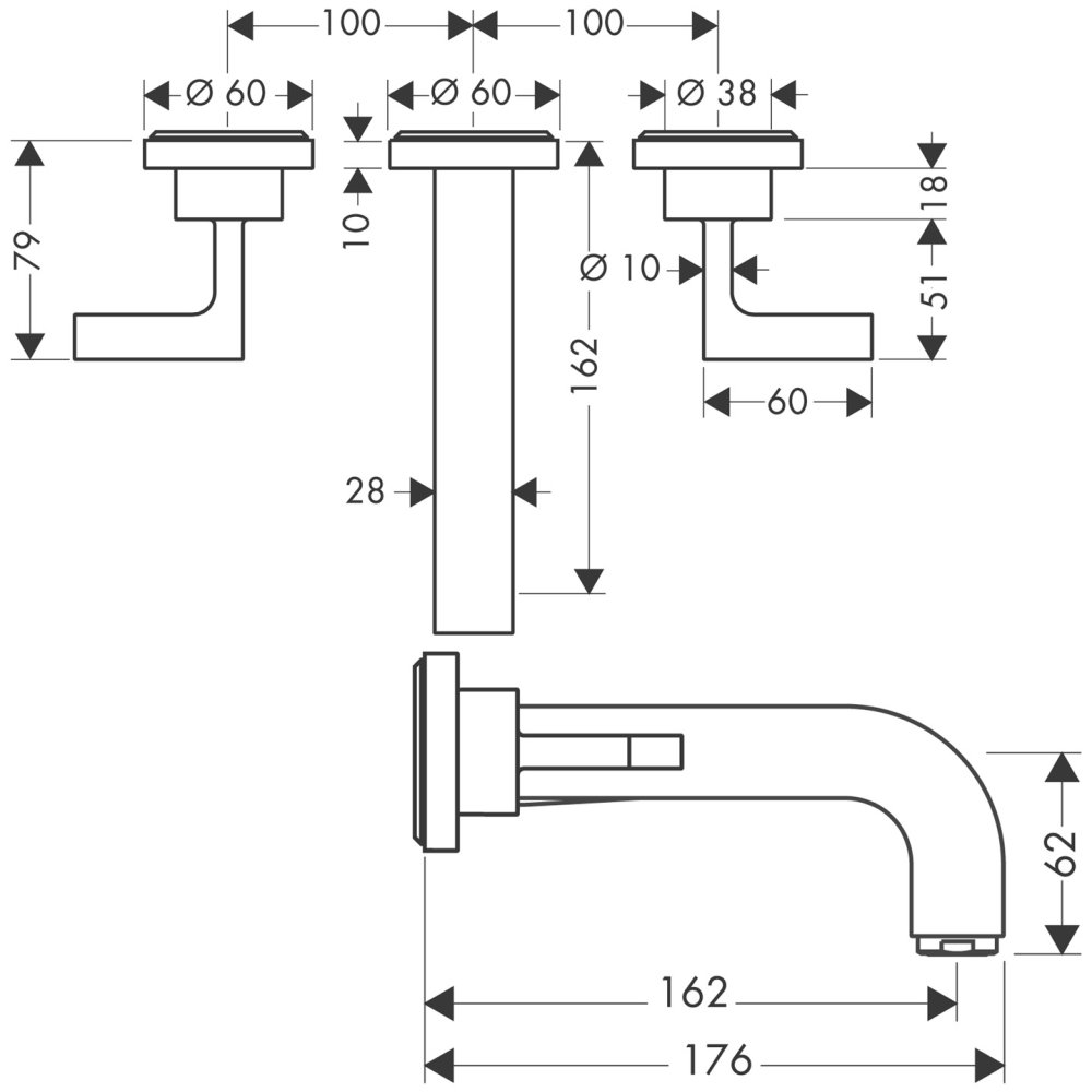 Смеситель для раковины Axor Citterio, настенный, на 3 отверстия, излив 162 мм, с рычаговыми рукоятками, с отдельными розетками, 39315250, шлифованное золото