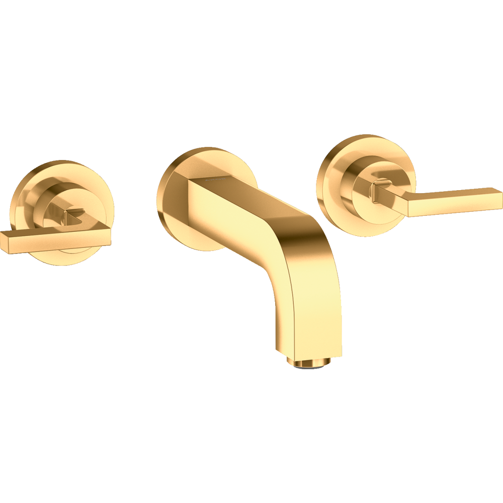 Смеситель для раковины Axor Citterio, настенный, на 3 отверстия, излив 162 мм, с рычаговыми рукоятками, с отдельными розетками, 39315990, полированное золото