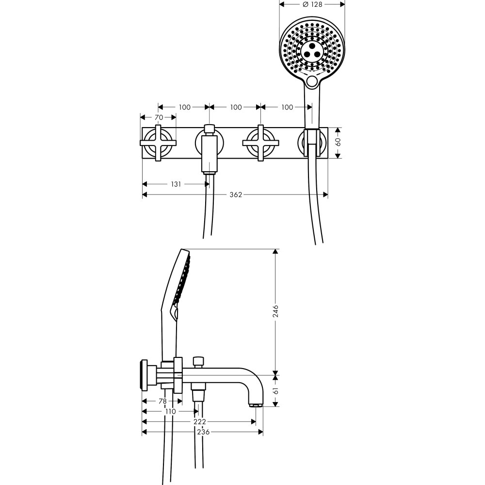 Смеситель для ванны Axor Citterio, настенный, на 3 отверстия, с крестообразными рукоятками, с панелью, 39441310, шлифованное красное золото