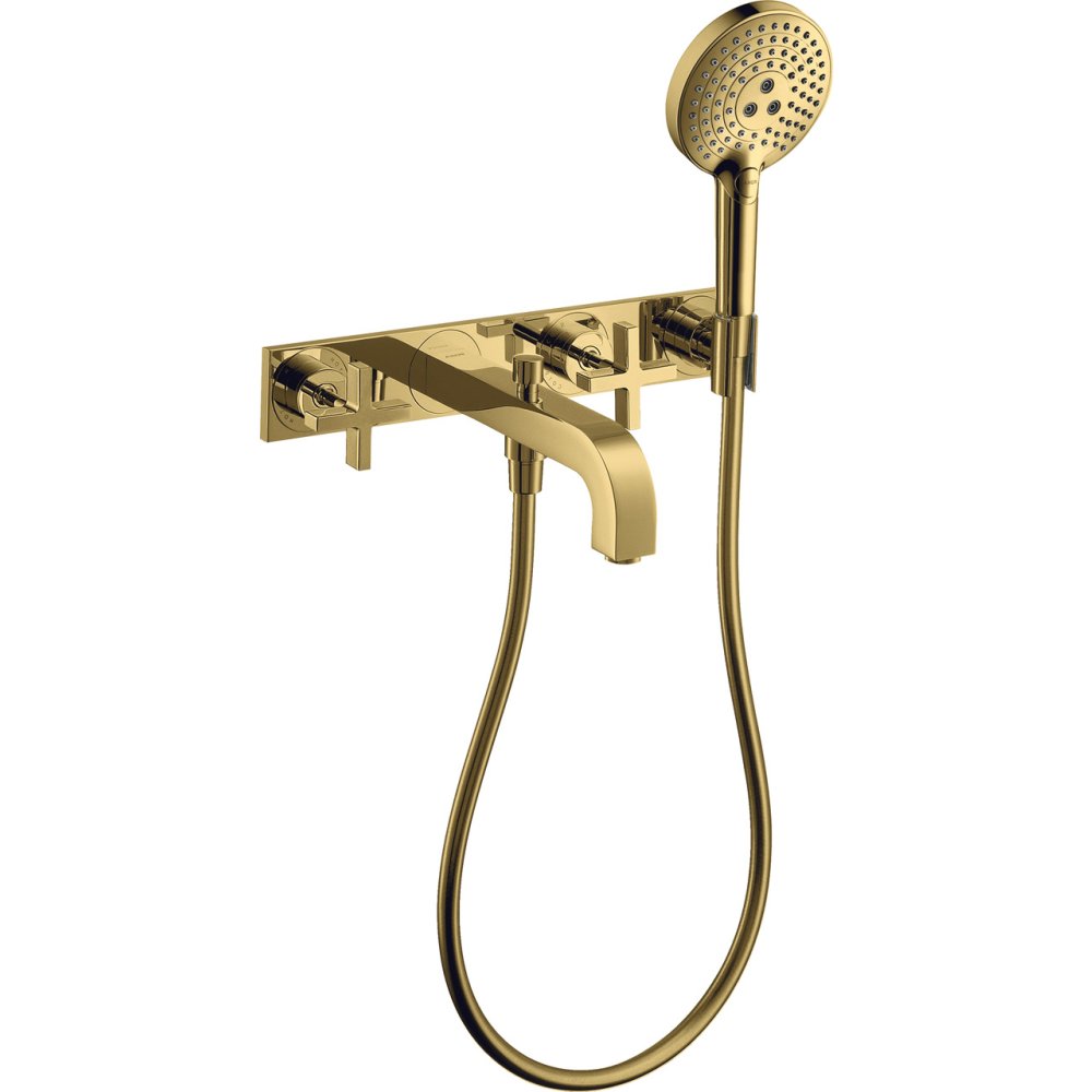 Смеситель для ванны Axor Citterio, настенный, на 3 отверстия, с крестообразными рукоятками, с панелью, 39441990, полированное золото