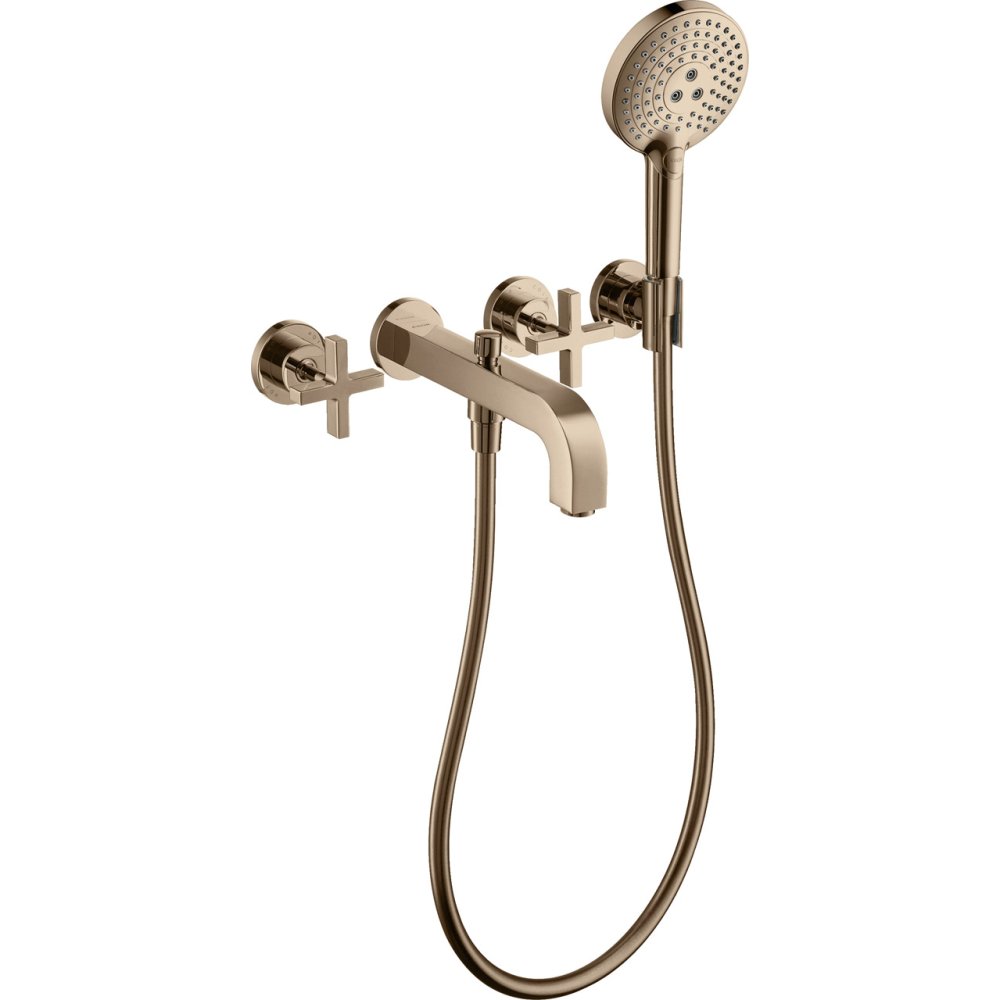 Смеситель для ванны Axor Citterio, настенный, на 3 отверстия, с крестообразными рукоятками, с отдельными розетками, 39447300, полированное красное золото 