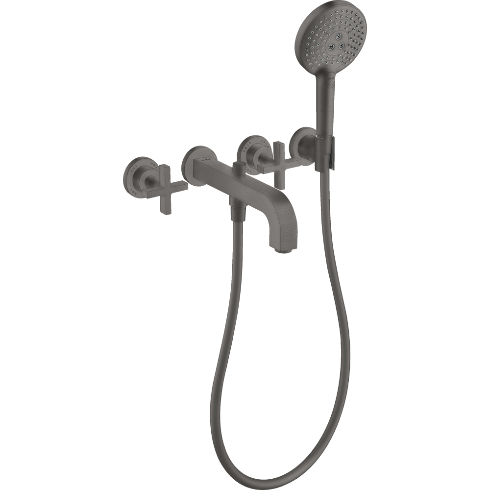 Смеситель для ванны Axor Citterio, настенный, на 3 отверстия, с крестообразными рукоятками, с отдельными розетками, 39447340, шлифованный черный хром 