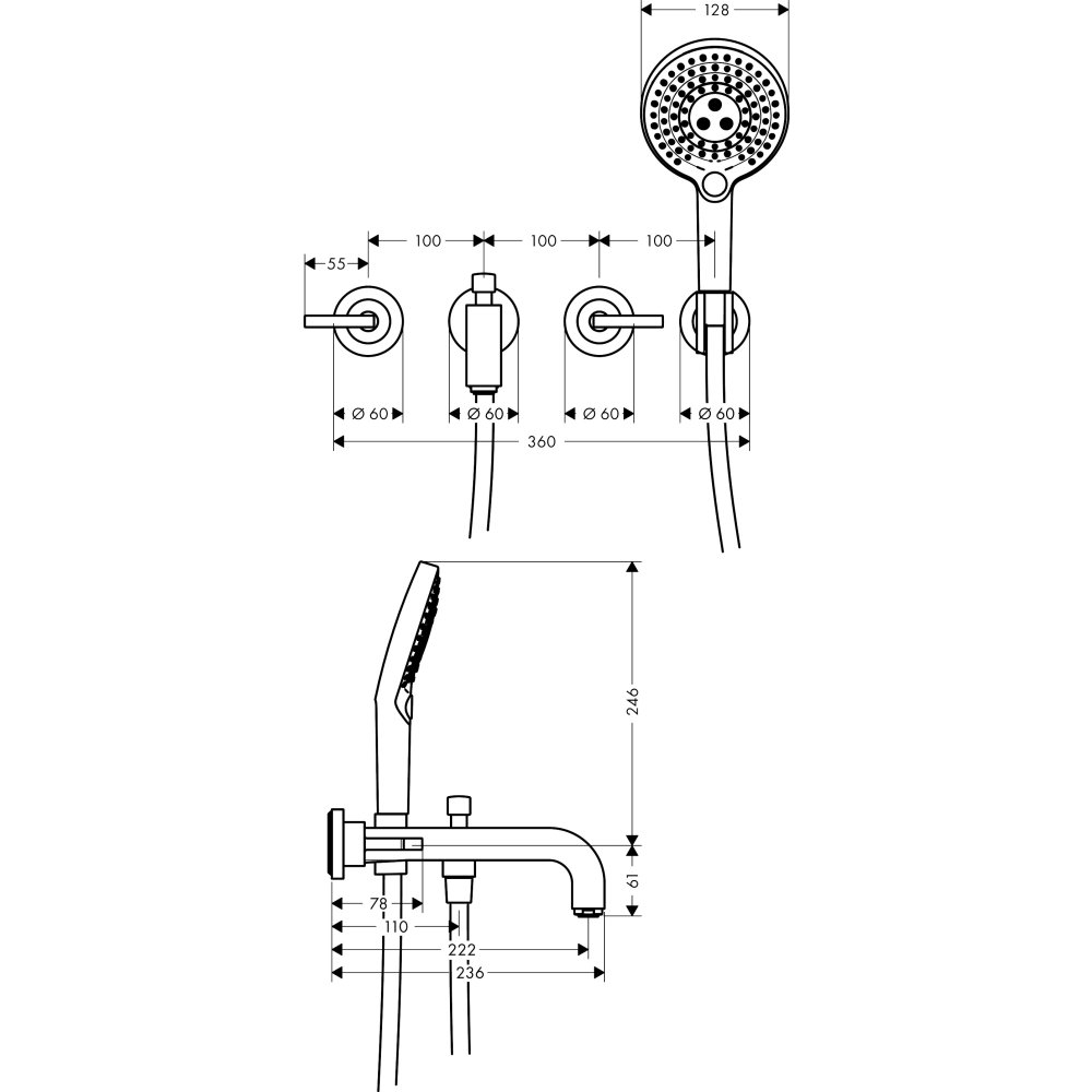 Смеситель для ванны Axor Citterio, настенный, на 3 отверстия, с рычаговыми рукоятками, с отдельными розетками, 39448310, шлифованное красное золото