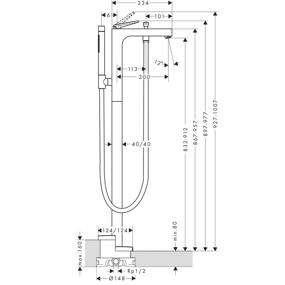 Смеситель для ванны Axor Citterio, однорычажный, напольный, рукоятка с текстурой "Ромбический срез", 39471300, полированное красное золото 
