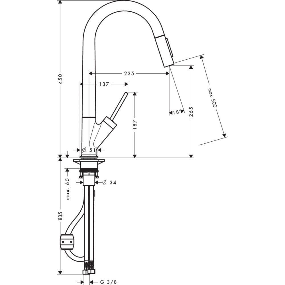 Кухонный смеситель AXOR Starck 270, с вытяжным душем, Eco, 12800800, под сталь