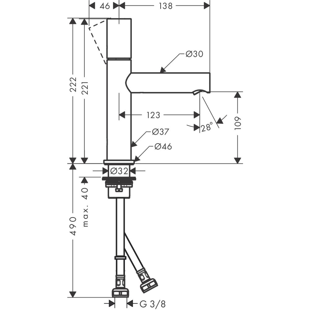 Смеситель для раковины Axor Uno, однорычажный, 110, с рукояткой Zero, с не запираемым сливным набором, 45002140, шлифованная бронза