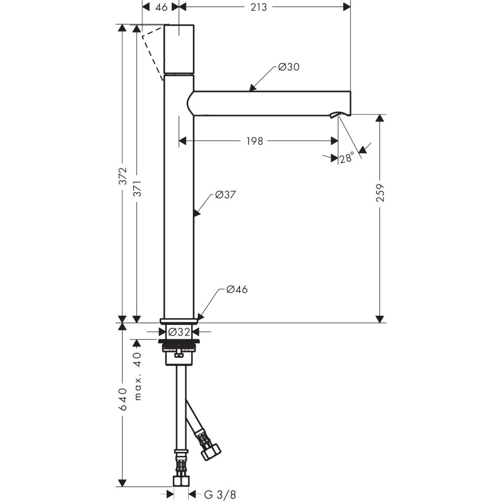 Смеситель для раковины Axor Uno, однорычажный, 260, с рукояткой Zero, с не запираемым сливным набором, 45004950, шлифованная медь