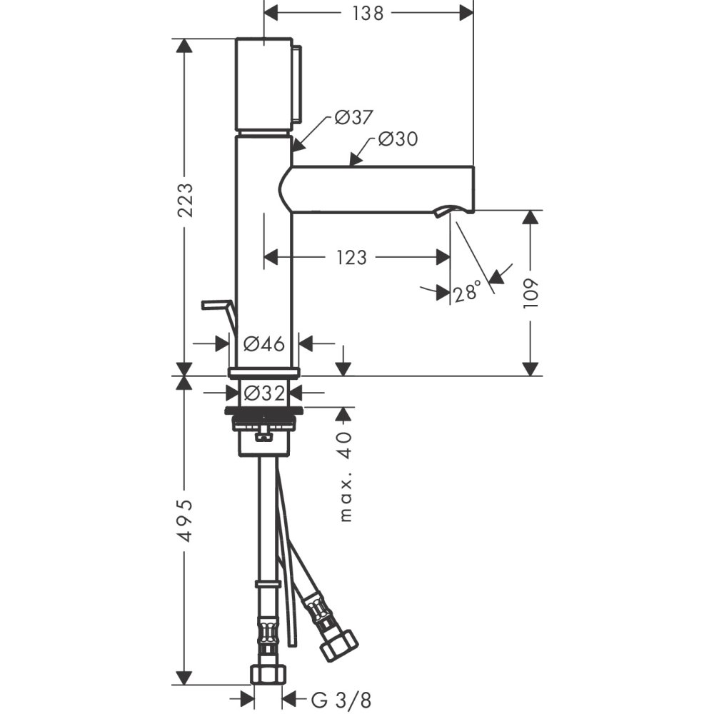 Смеситель для раковины Axor Uno, Select, 110, со сливным гарнитуром, 45010830, полированный никель