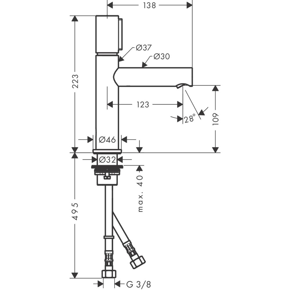 Смеситель для раковины Axor Uno, Select, 110, с не запираемым сливным набором, 45012140, шлифованная бронза