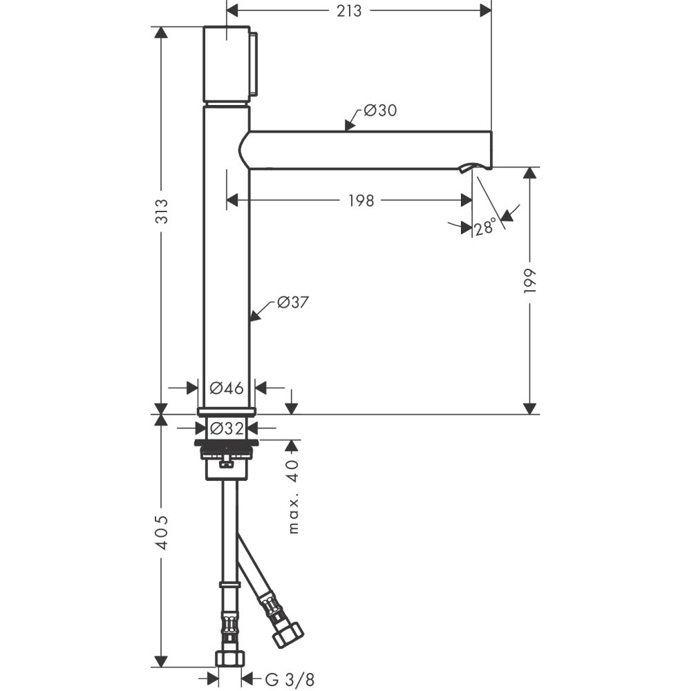 Смеситель для раковины Axor Uno, Select, 200, с не запираемым сливным набором, 45013800, сталь