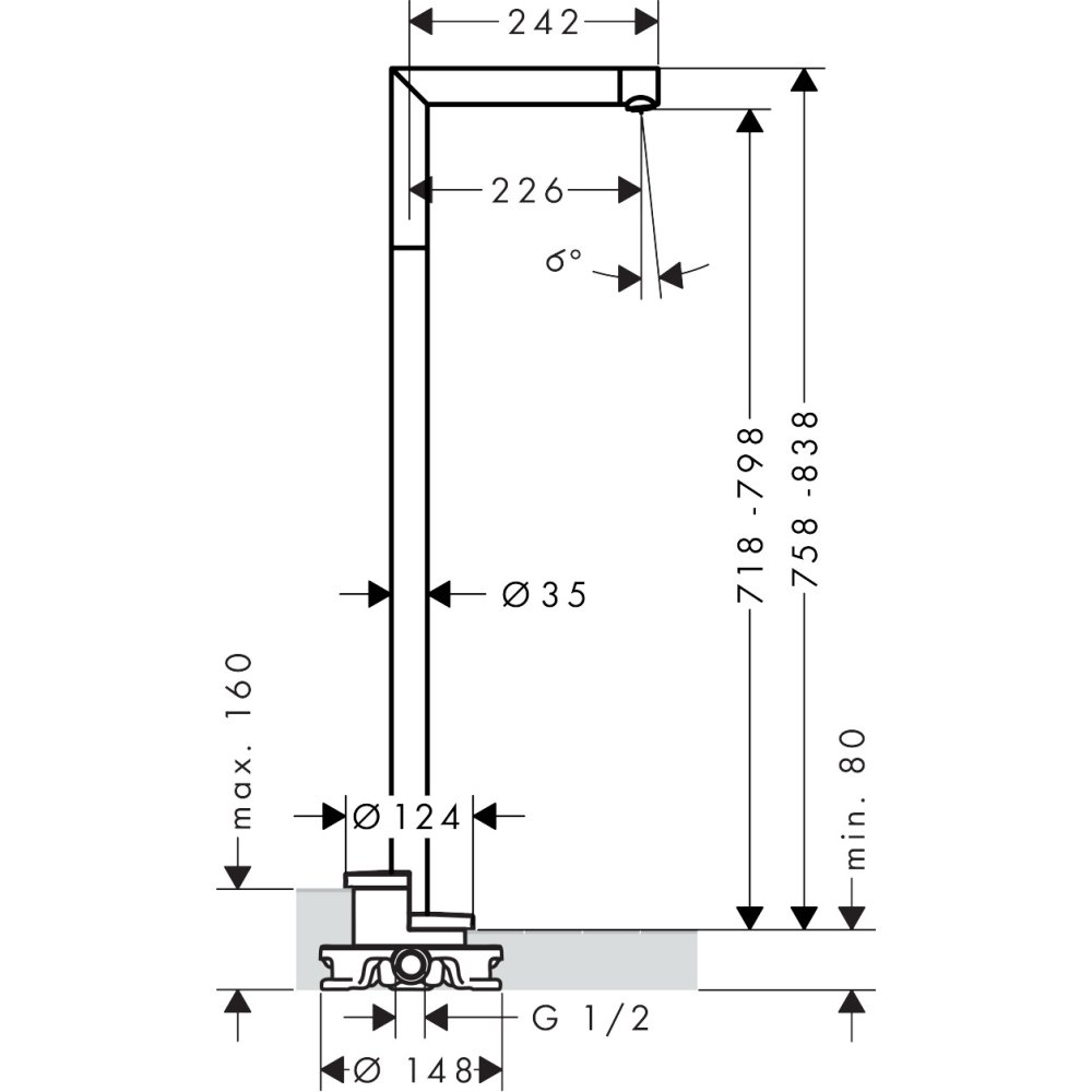 Излив на ванну Axor Uno, напольный, прямой, 45412990, полированное золото