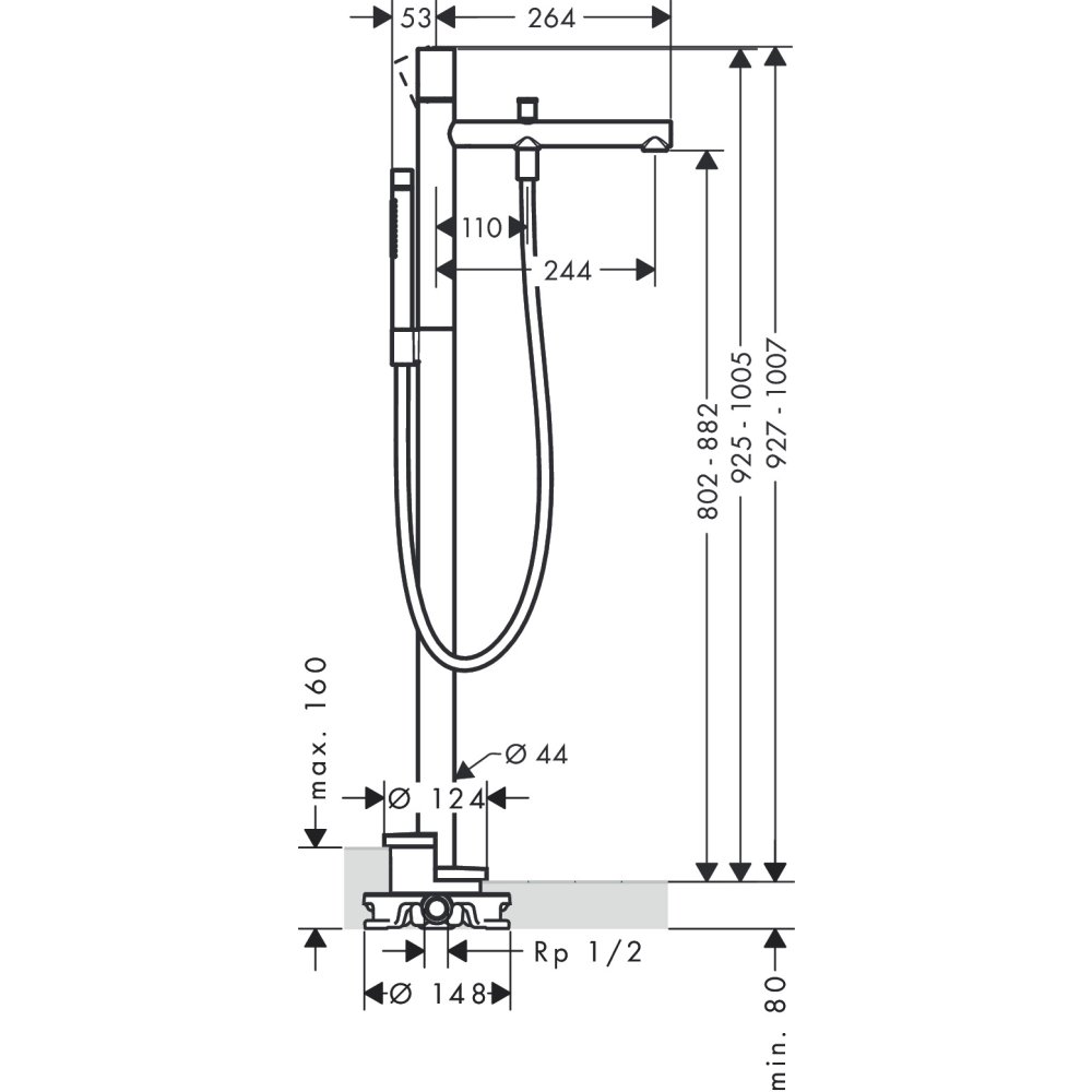 Смеситель для ванны Axor Uno, однорычажный, напольный, с рукояткой Zero, 45416830, полированный никель