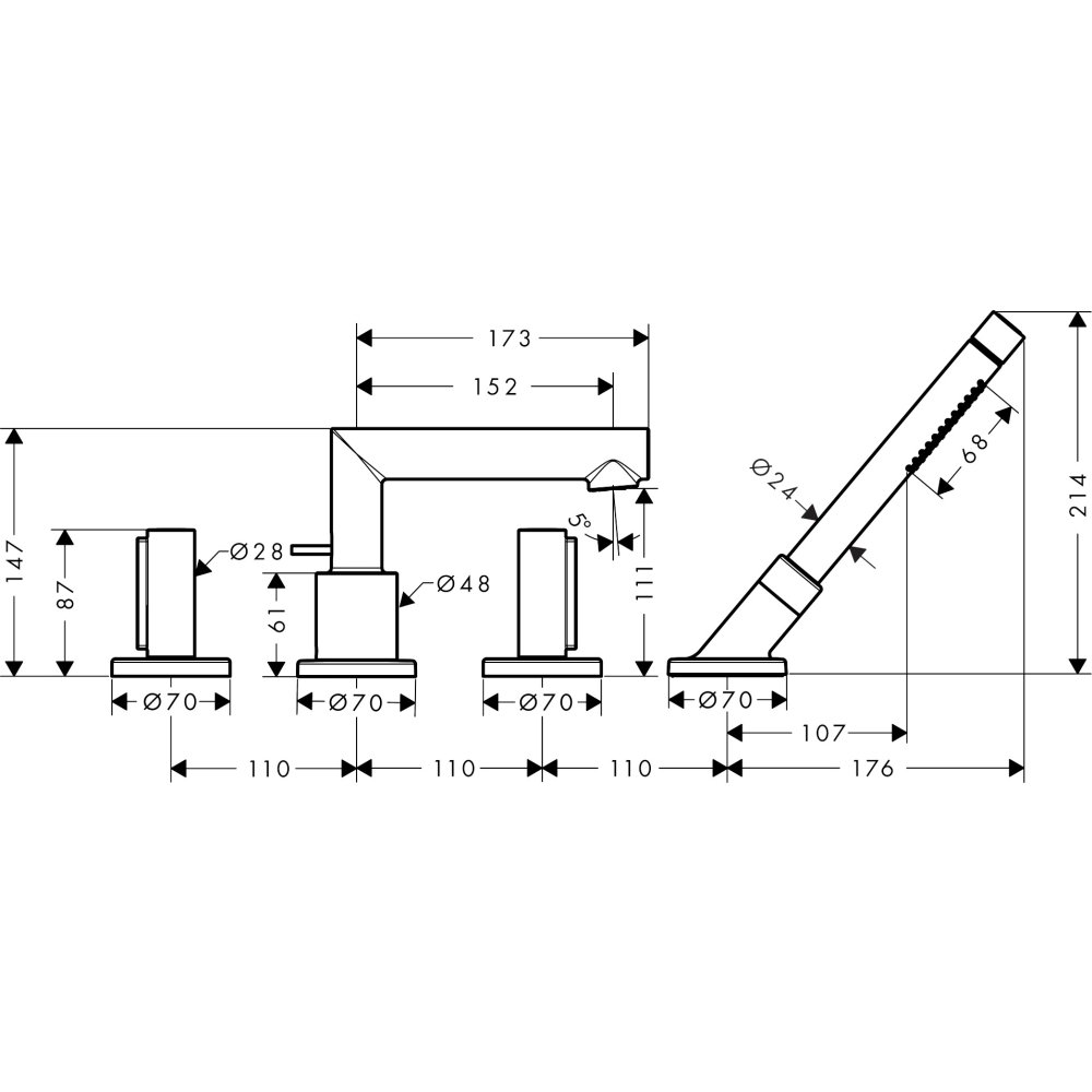 Смеситель на край ванны Axor Uno, с рукоятками Zero, на 4 отверстия, 45444800, сталь