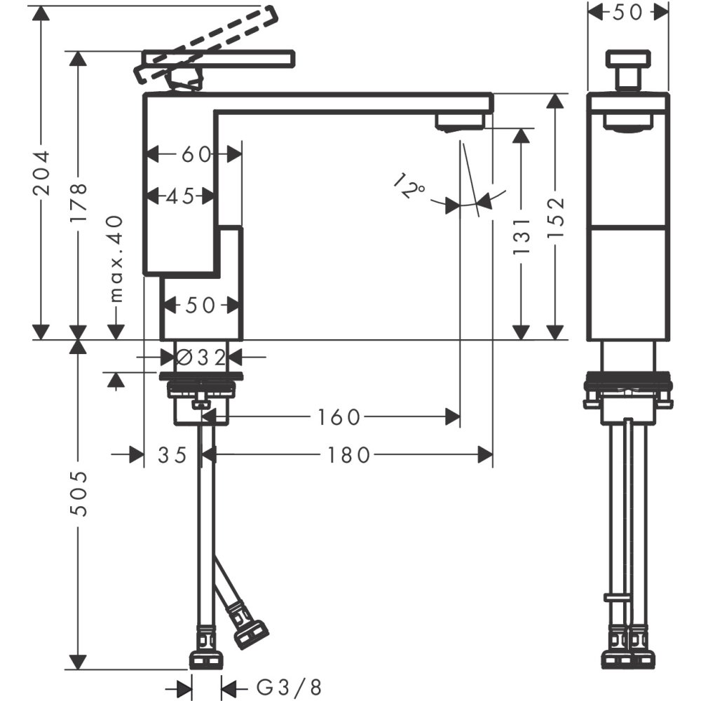 Смеситель для раковины Axor Edge, 130, однорычажный, со сливным клапаном Push-Open, 46010330, полированный черный хром 