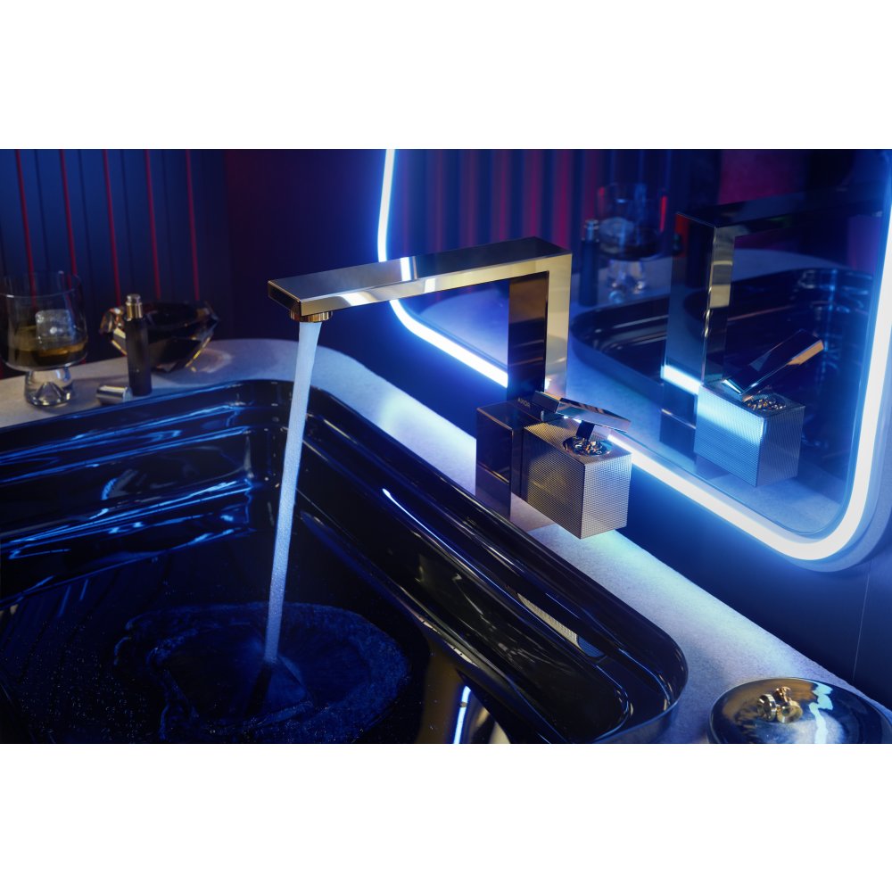 Смеситель для раковины Axor Edge, 190, однорычажный, со сливным клапаном Push-Open, с алмазной огранкой, 46021130, полированная бронза