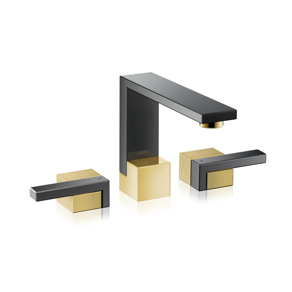 Смеситель для раковины Axor Edge, 130, на 3 отверстия, со сливным клапаном Push-Open, с алмазной огранкой, 46051300, полированное красное золото 