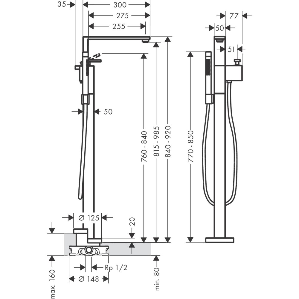 Смеситель для ванны Axor Edge, однорычажный, напольный, 46440300, полированное красное золото 