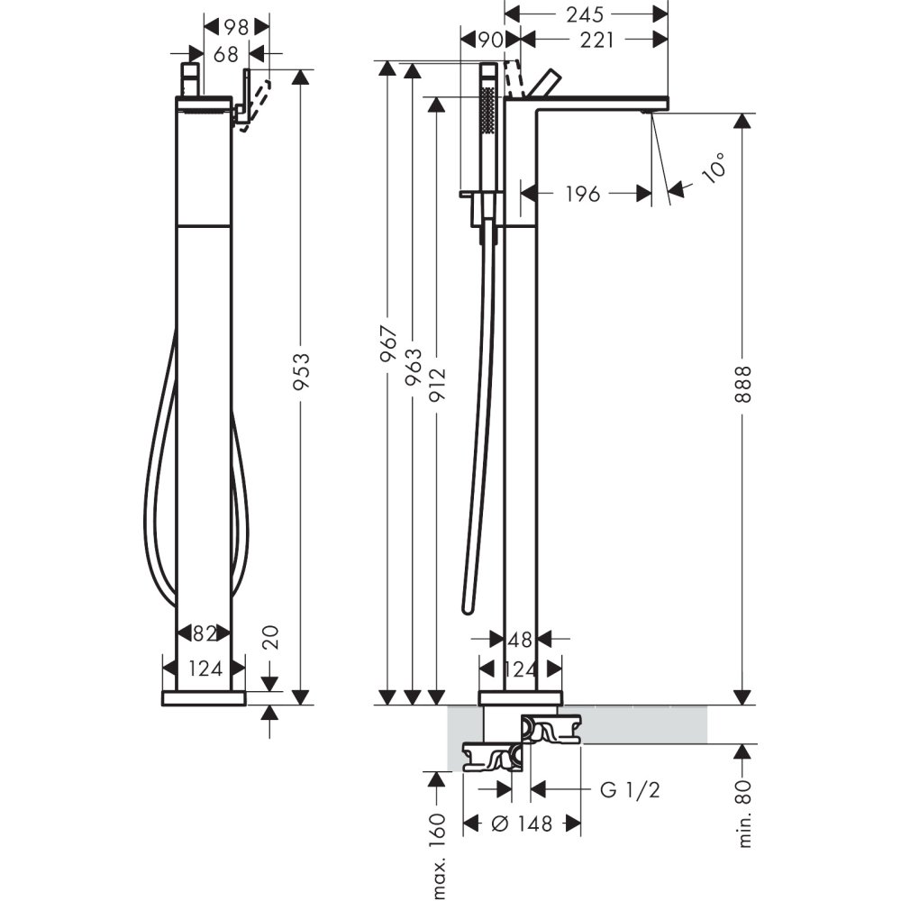 Смеситель для ванны Axor MyEdition, однорычажный, напольный, без панели, 47442340, шлифованный черный хром 